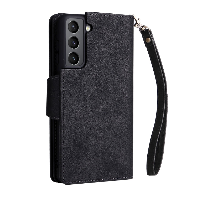 For Samsung Galaxy S21 5G Rivet Buckle 9 Cards Three Fold Leather Phone Case