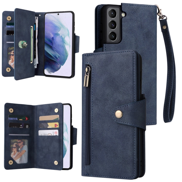 For Samsung Galaxy S21 5G Rivet Buckle 9 Cards Three Fold Leather Phone Case