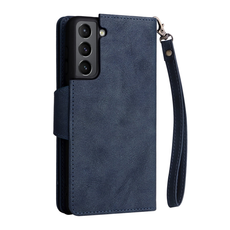For Samsung Galaxy S21 5G Rivet Buckle 9 Cards Three Fold Leather Phone Case