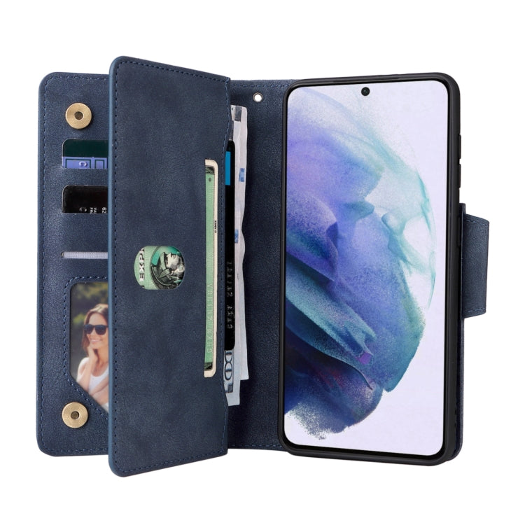 For Samsung Galaxy S21 5G Rivet Buckle 9 Cards Three Fold Leather Phone Case