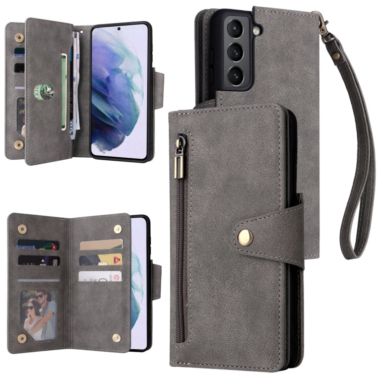 For Samsung Galaxy S21 5G Rivet Buckle 9 Cards Three Fold Leather Phone Case