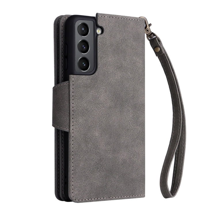 For Samsung Galaxy S21 5G Rivet Buckle 9 Cards Three Fold Leather Phone Case