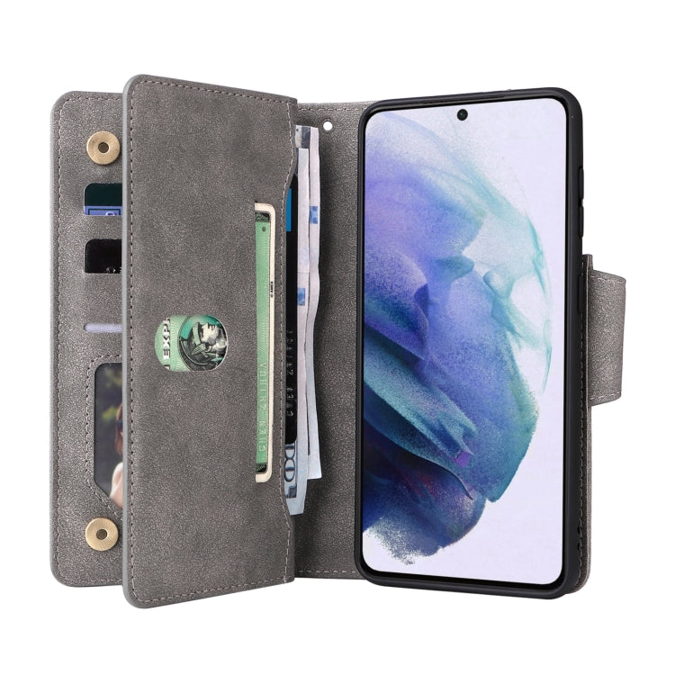 For Samsung Galaxy S21 5G Rivet Buckle 9 Cards Three Fold Leather Phone Case