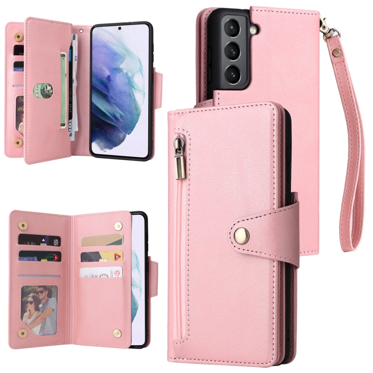 For Samsung Galaxy S21 5G Rivet Buckle 9 Cards Three Fold Leather Phone Case