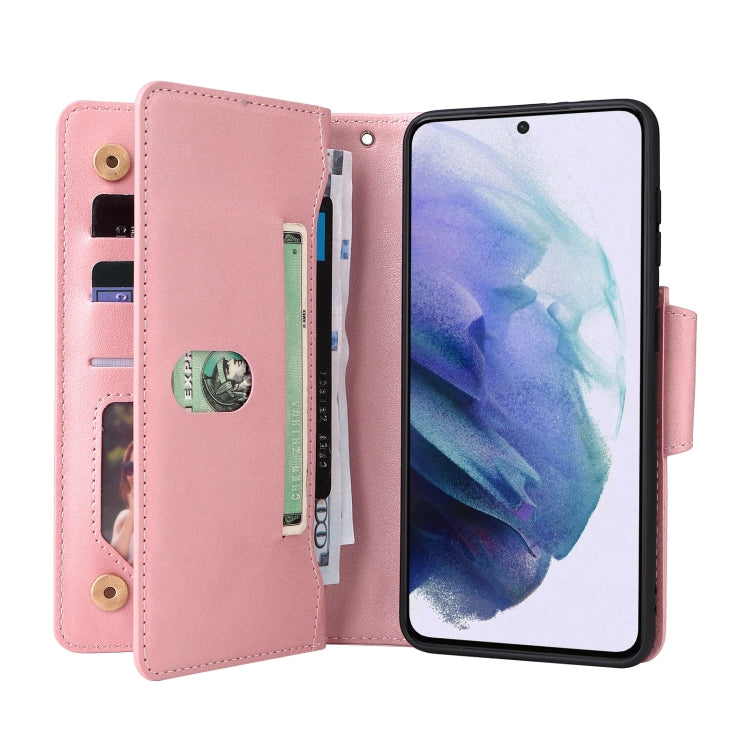 For Samsung Galaxy S21 5G Rivet Buckle 9 Cards Three Fold Leather Phone Case