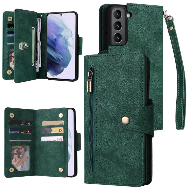 For Samsung Galaxy S21 5G Rivet Buckle 9 Cards Three Fold Leather Phone Case