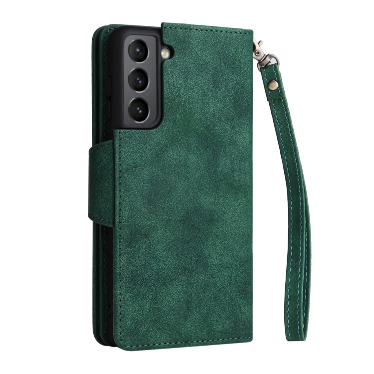 For Samsung Galaxy S21 5G Rivet Buckle 9 Cards Three Fold Leather Phone Case