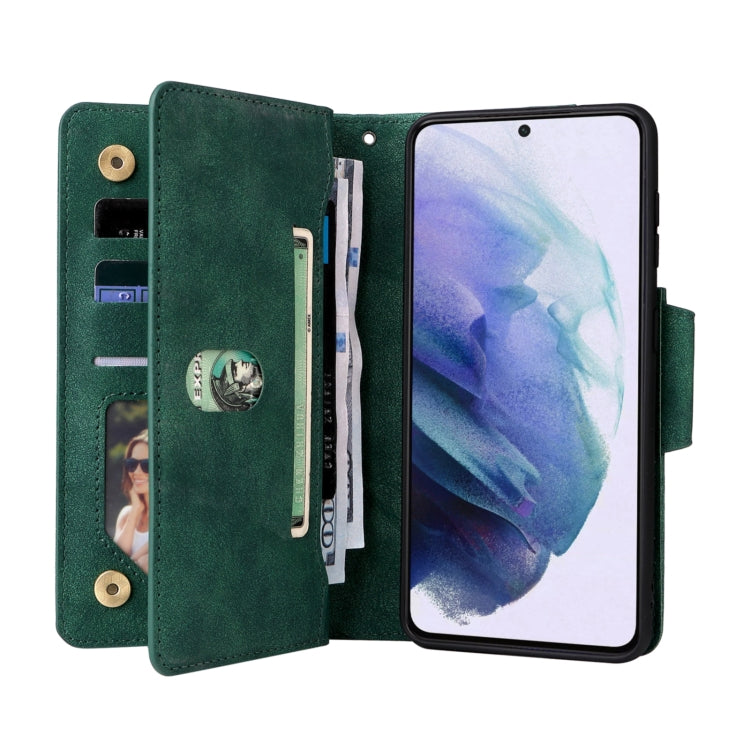 For Samsung Galaxy S21 5G Rivet Buckle 9 Cards Three Fold Leather Phone Case