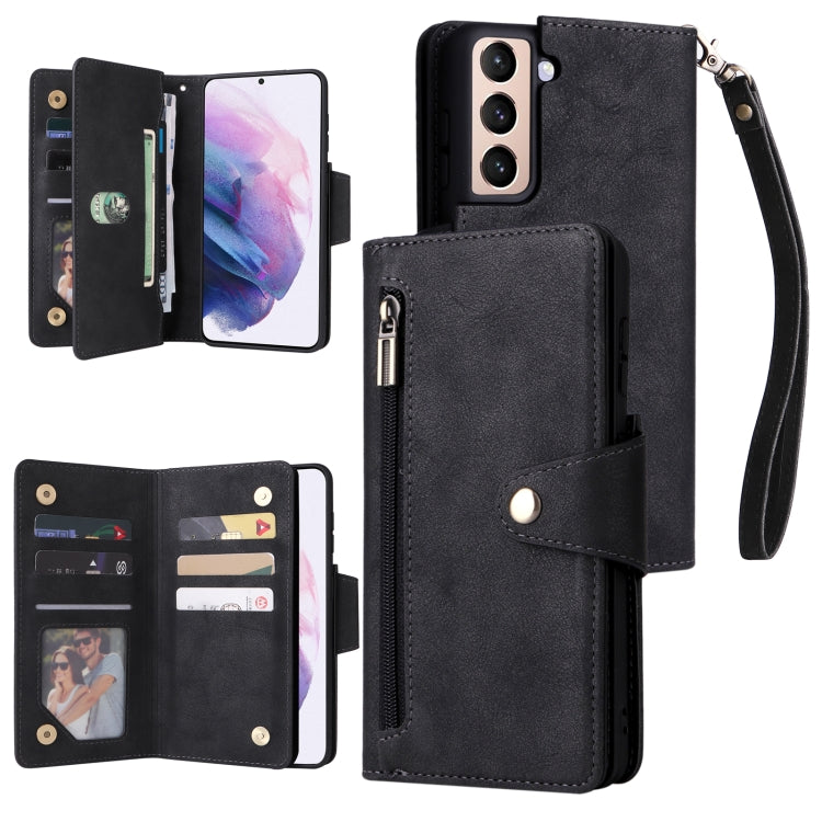 For Samsung Galaxy S21+ Rivet Buckle 9 Cards Three Fold Leather Phone Case