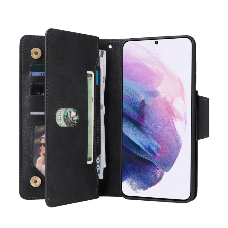 For Samsung Galaxy S21+ Rivet Buckle 9 Cards Three Fold Leather Phone Case