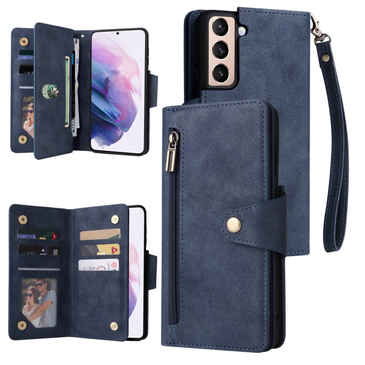 For Samsung Galaxy S21+ Rivet Buckle 9 Cards Three Fold Leather Phone Case