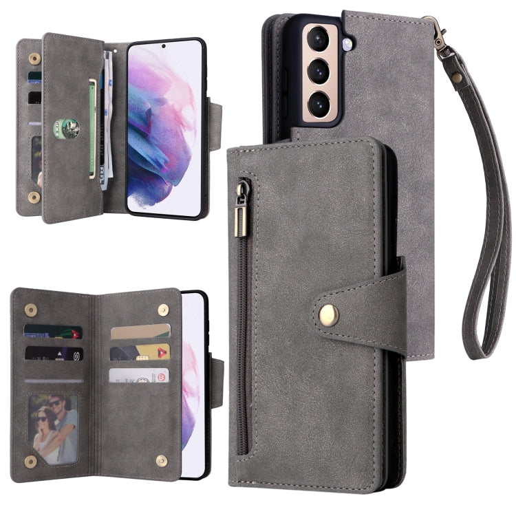 For Samsung Galaxy S21+ Rivet Buckle 9 Cards Three Fold Leather Phone Case
