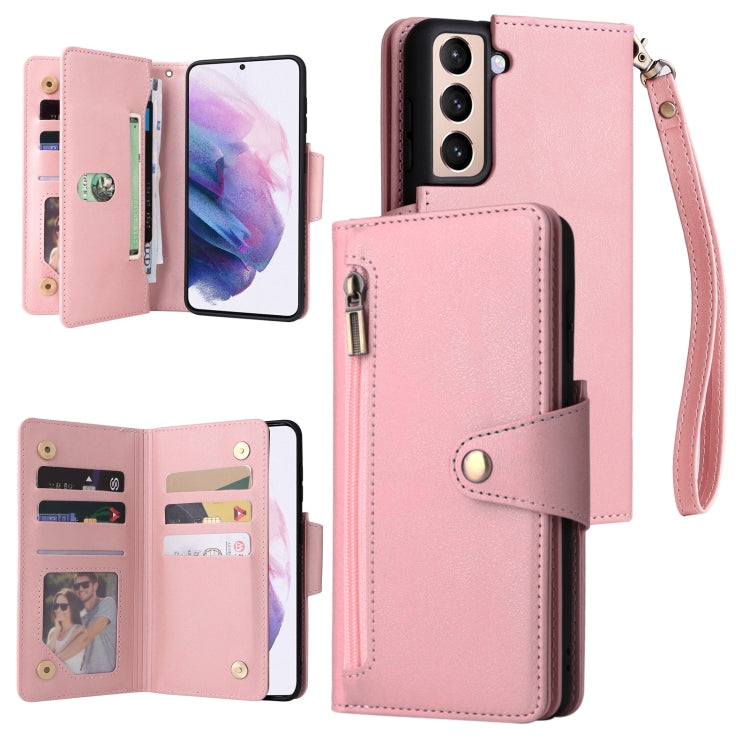 For Samsung Galaxy S21+ Rivet Buckle 9 Cards Three Fold Leather Phone Case