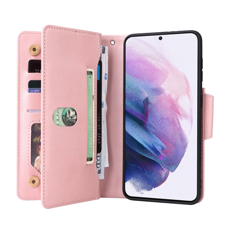 For Samsung Galaxy S21+ Rivet Buckle 9 Cards Three Fold Leather Phone Case
