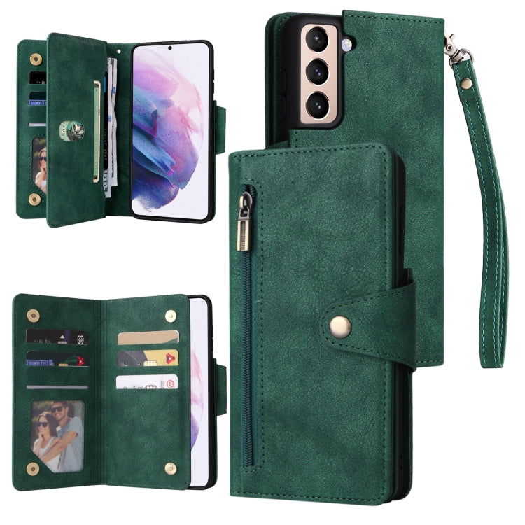 For Samsung Galaxy S21+ Rivet Buckle 9 Cards Three Fold Leather Phone Case