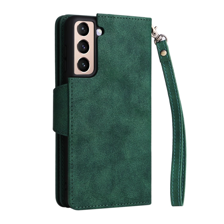 For Samsung Galaxy S21+ Rivet Buckle 9 Cards Three Fold Leather Phone Case