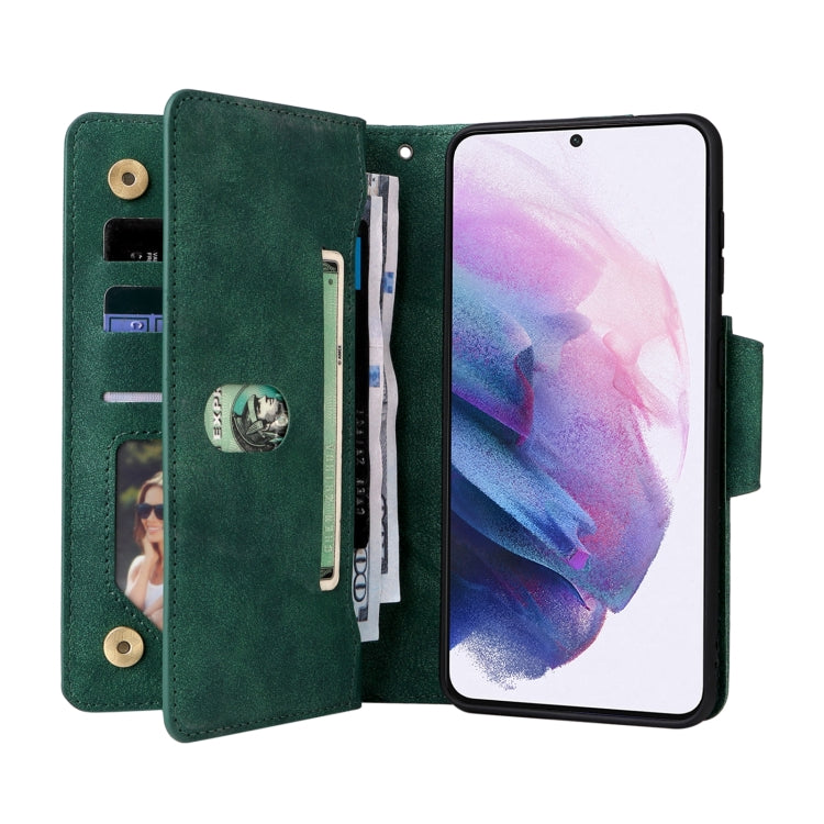For Samsung Galaxy S21+ Rivet Buckle 9 Cards Three Fold Leather Phone Case