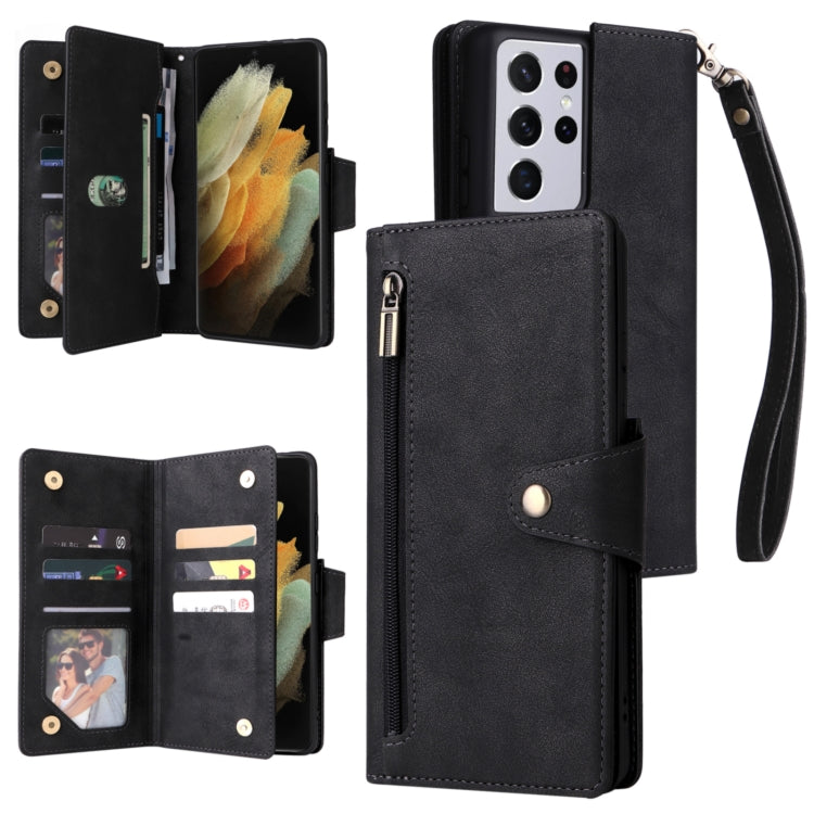 For Samsung Galaxy S21 Ultra 5G Rivet Buckle 9 Cards Three Fold Leather Phone Case
