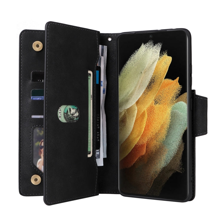 For Samsung Galaxy S21 Ultra 5G Rivet Buckle 9 Cards Three Fold Leather Phone Case