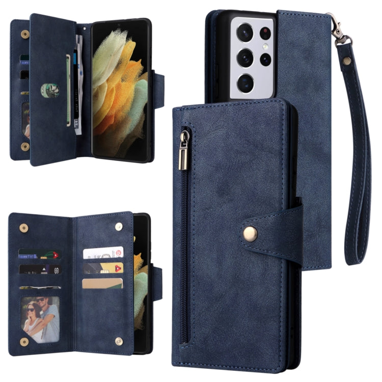 For Samsung Galaxy S21 Ultra 5G Rivet Buckle 9 Cards Three Fold Leather Phone Case
