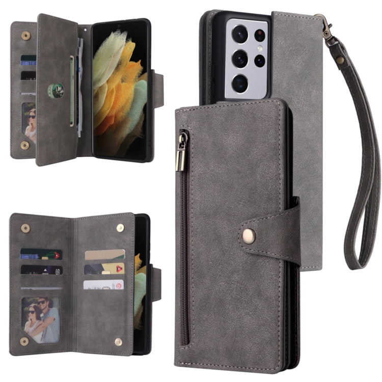 For Samsung Galaxy S21 Ultra 5G Rivet Buckle 9 Cards Three Fold Leather Phone Case
