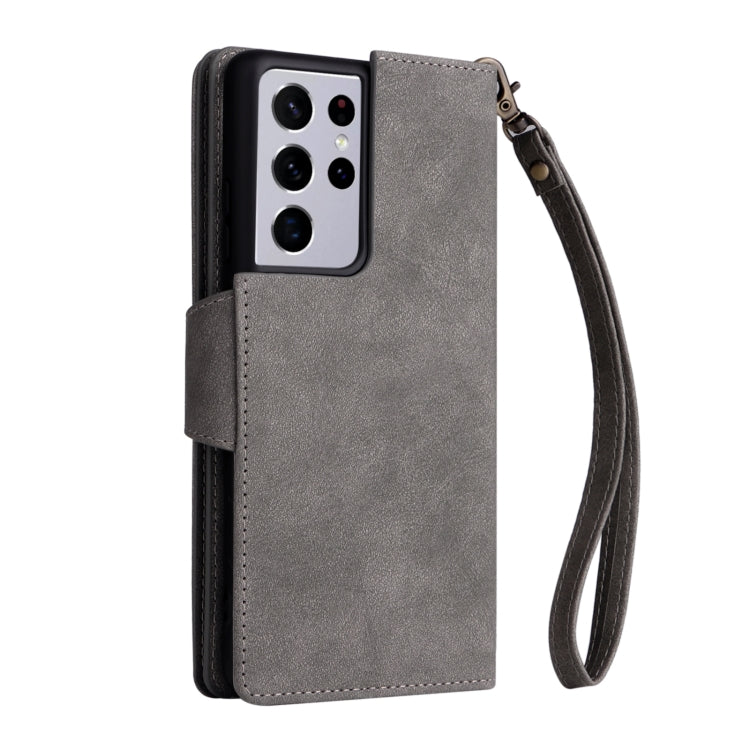 For Samsung Galaxy S21 Ultra 5G Rivet Buckle 9 Cards Three Fold Leather Phone Case