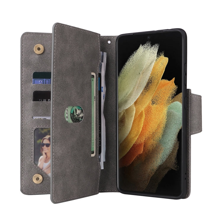 For Samsung Galaxy S21 Ultra 5G Rivet Buckle 9 Cards Three Fold Leather Phone Case
