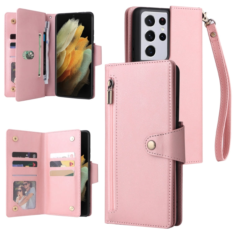 For Samsung Galaxy S21 Ultra 5G Rivet Buckle 9 Cards Three Fold Leather Phone Case