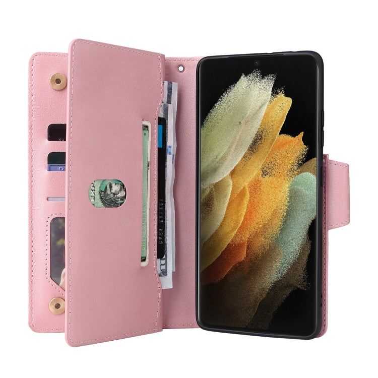 For Samsung Galaxy S21 Ultra 5G Rivet Buckle 9 Cards Three Fold Leather Phone Case