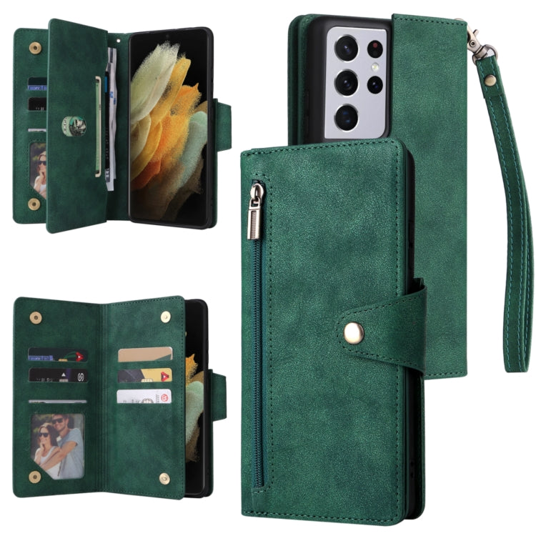 For Samsung Galaxy S21 Ultra 5G Rivet Buckle 9 Cards Three Fold Leather Phone Case
