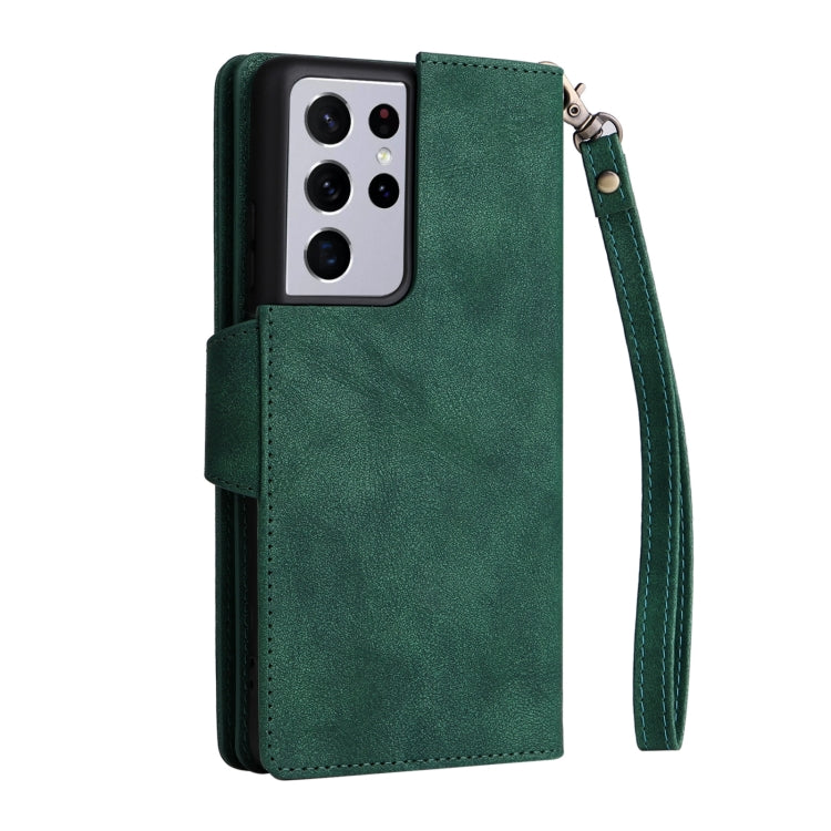 For Samsung Galaxy S21 Ultra 5G Rivet Buckle 9 Cards Three Fold Leather Phone Case