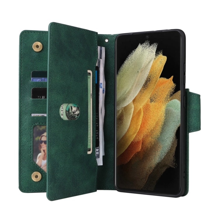 For Samsung Galaxy S21 Ultra 5G Rivet Buckle 9 Cards Three Fold Leather Phone Case