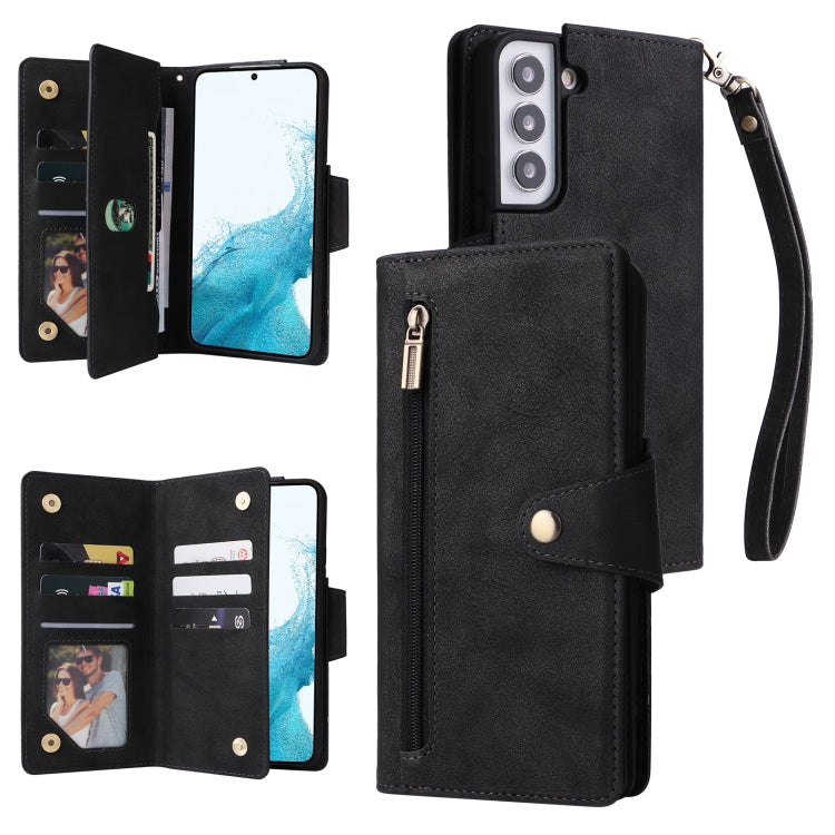 For Samsung Galaxy S22 Rivet Buckle 9 Cards Three Fold Leather Phone Case