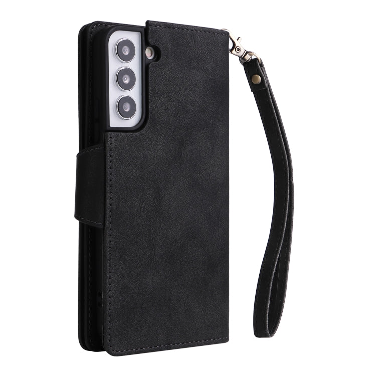 For Samsung Galaxy S22 Rivet Buckle 9 Cards Three Fold Leather Phone Case