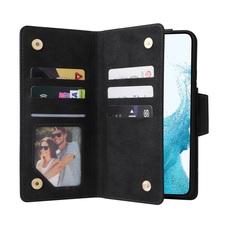 For Samsung Galaxy S22 Rivet Buckle 9 Cards Three Fold Leather Phone Case