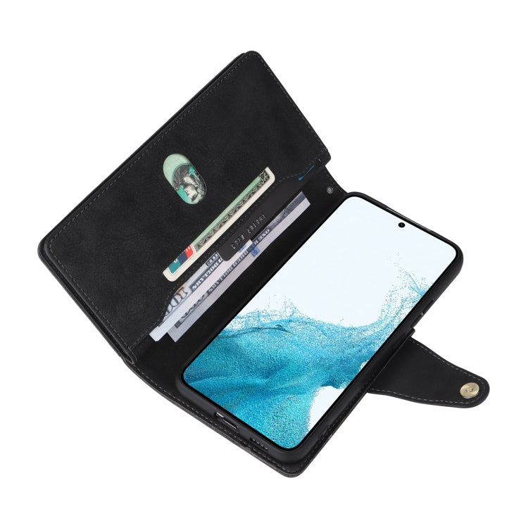 For Samsung Galaxy S22 Rivet Buckle 9 Cards Three Fold Leather Phone Case
