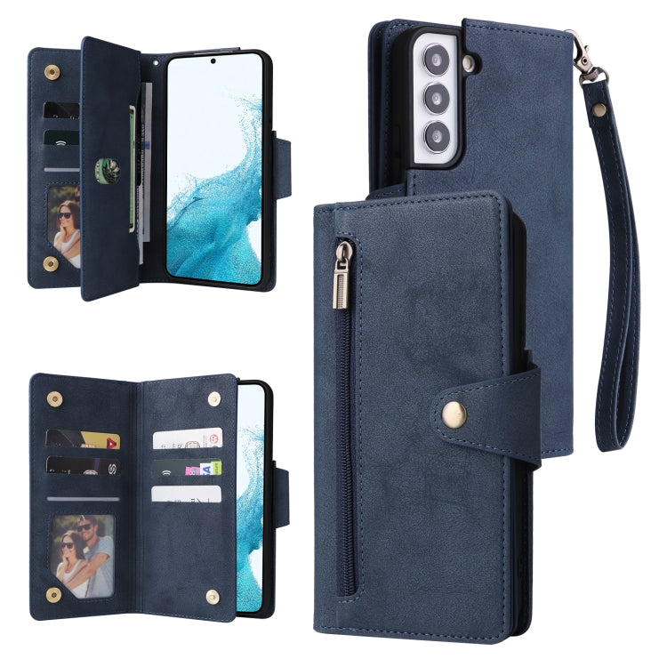 For Samsung Galaxy S22 Rivet Buckle 9 Cards Three Fold Leather Phone Case