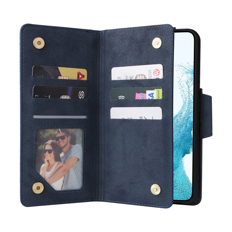 For Samsung Galaxy S22 Rivet Buckle 9 Cards Three Fold Leather Phone Case