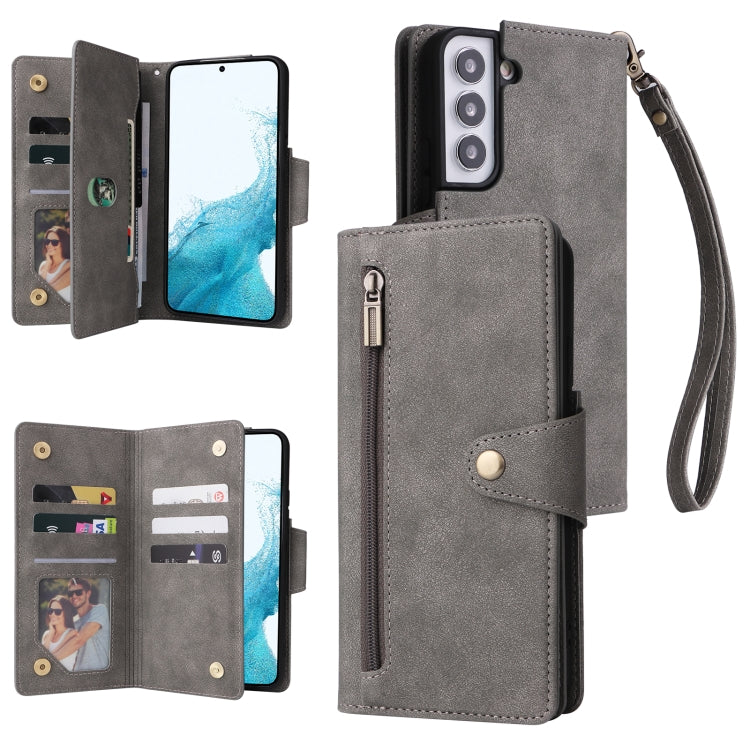 For Samsung Galaxy S22 Rivet Buckle 9 Cards Three Fold Leather Phone Case