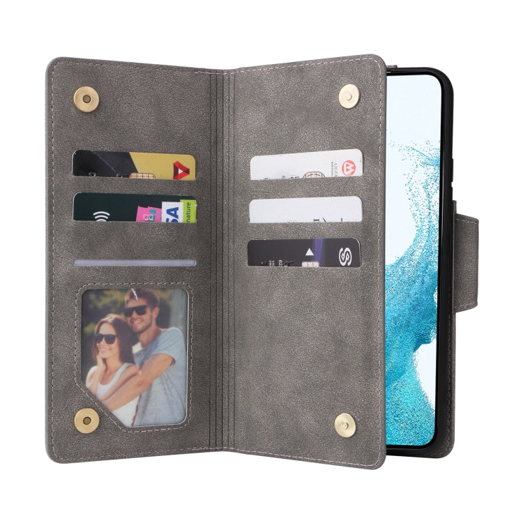 For Samsung Galaxy S22 Rivet Buckle 9 Cards Three Fold Leather Phone Case