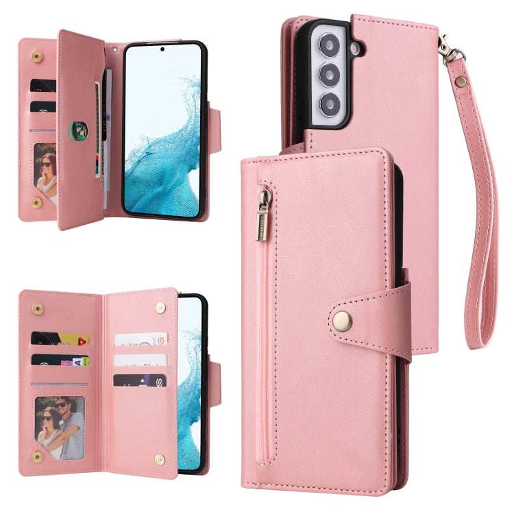 For Samsung Galaxy S22 Rivet Buckle 9 Cards Three Fold Leather Phone Case