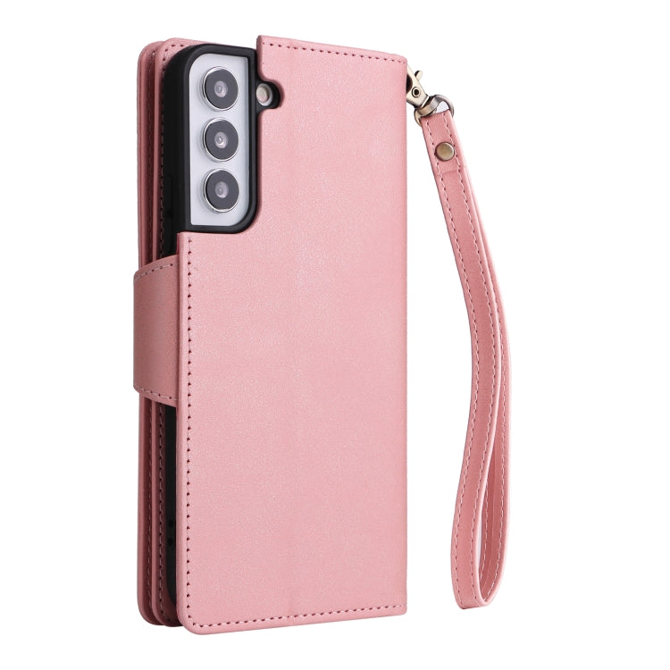 For Samsung Galaxy S22 Rivet Buckle 9 Cards Three Fold Leather Phone Case