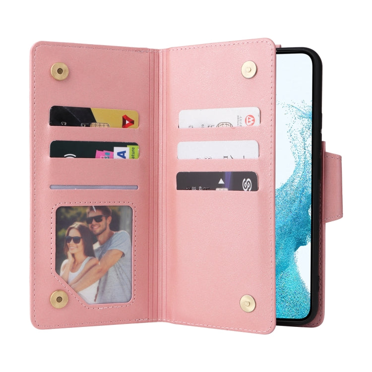 For Samsung Galaxy S22 Rivet Buckle 9 Cards Three Fold Leather Phone Case