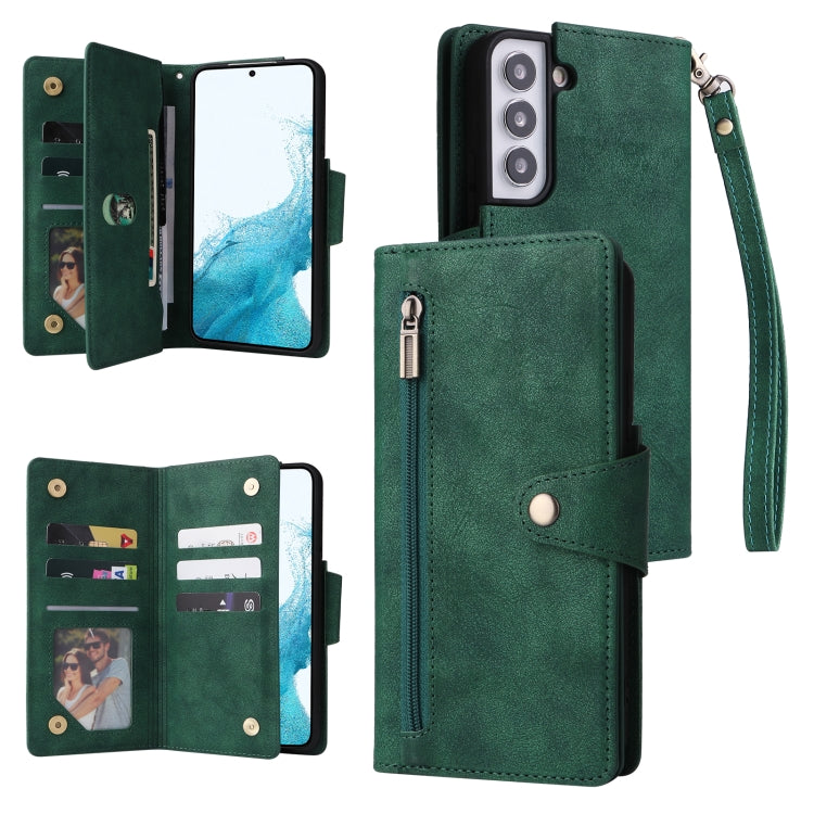 For Samsung Galaxy S22 Rivet Buckle 9 Cards Three Fold Leather Phone Case