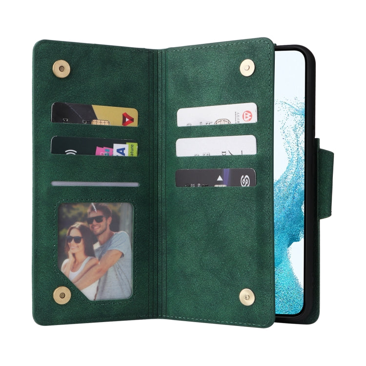 For Samsung Galaxy S22 Rivet Buckle 9 Cards Three Fold Leather Phone Case