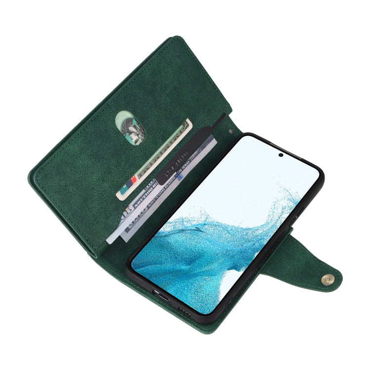 For Samsung Galaxy S22 Rivet Buckle 9 Cards Three Fold Leather Phone Case