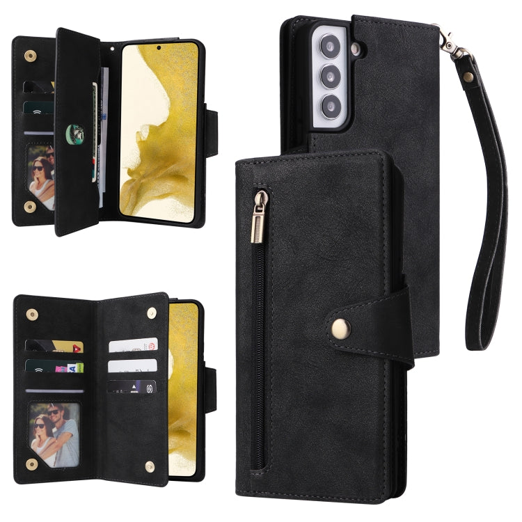 For Samsung Galaxy S22+ Rivet Buckle 9 Cards Three Fold Leather Phone Case