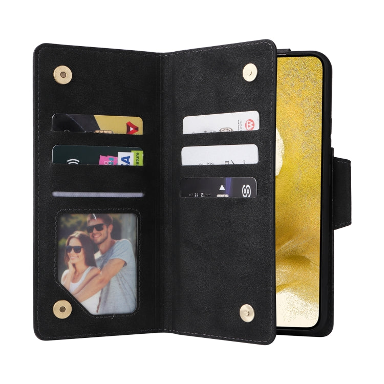 For Samsung Galaxy S22+ Rivet Buckle 9 Cards Three Fold Leather Phone Case