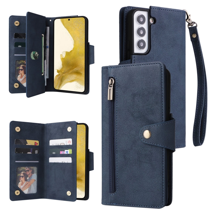 For Samsung Galaxy S22+ Rivet Buckle 9 Cards Three Fold Leather Phone Case