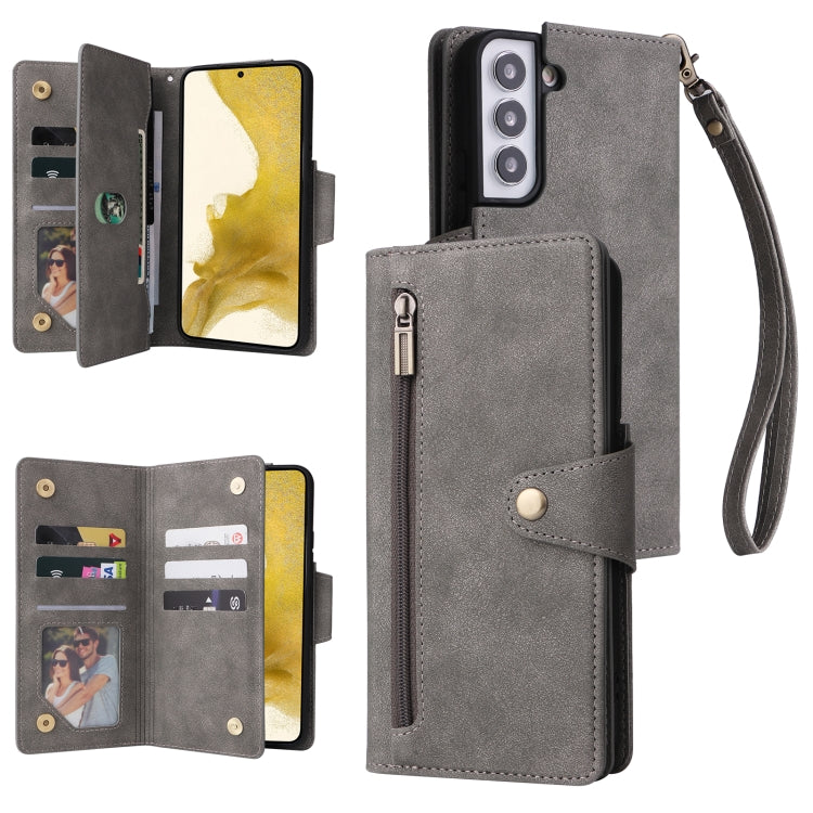 For Samsung Galaxy S22+ Rivet Buckle 9 Cards Three Fold Leather Phone Case